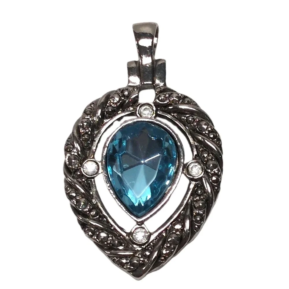 Vintage Avon Silver Tone Blue Crystal Teardrop Pendant Faux Marcasite Accent - Picture 1 of 5